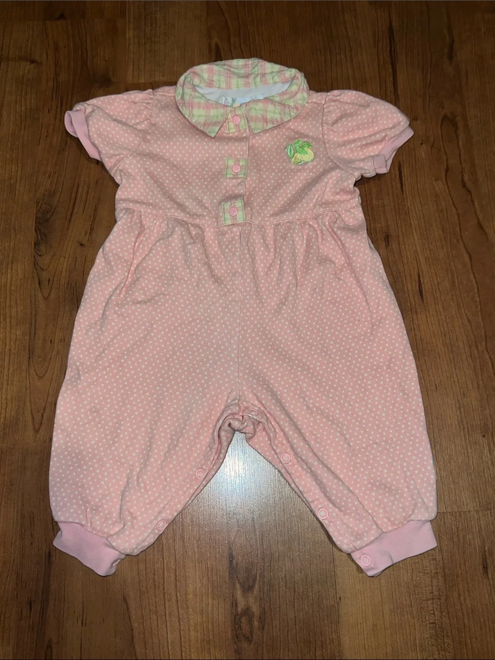 Vintage 🍋Lemon Embroidered Pink Polka Dot Infant Romper Pastel Plaid Collar 1998